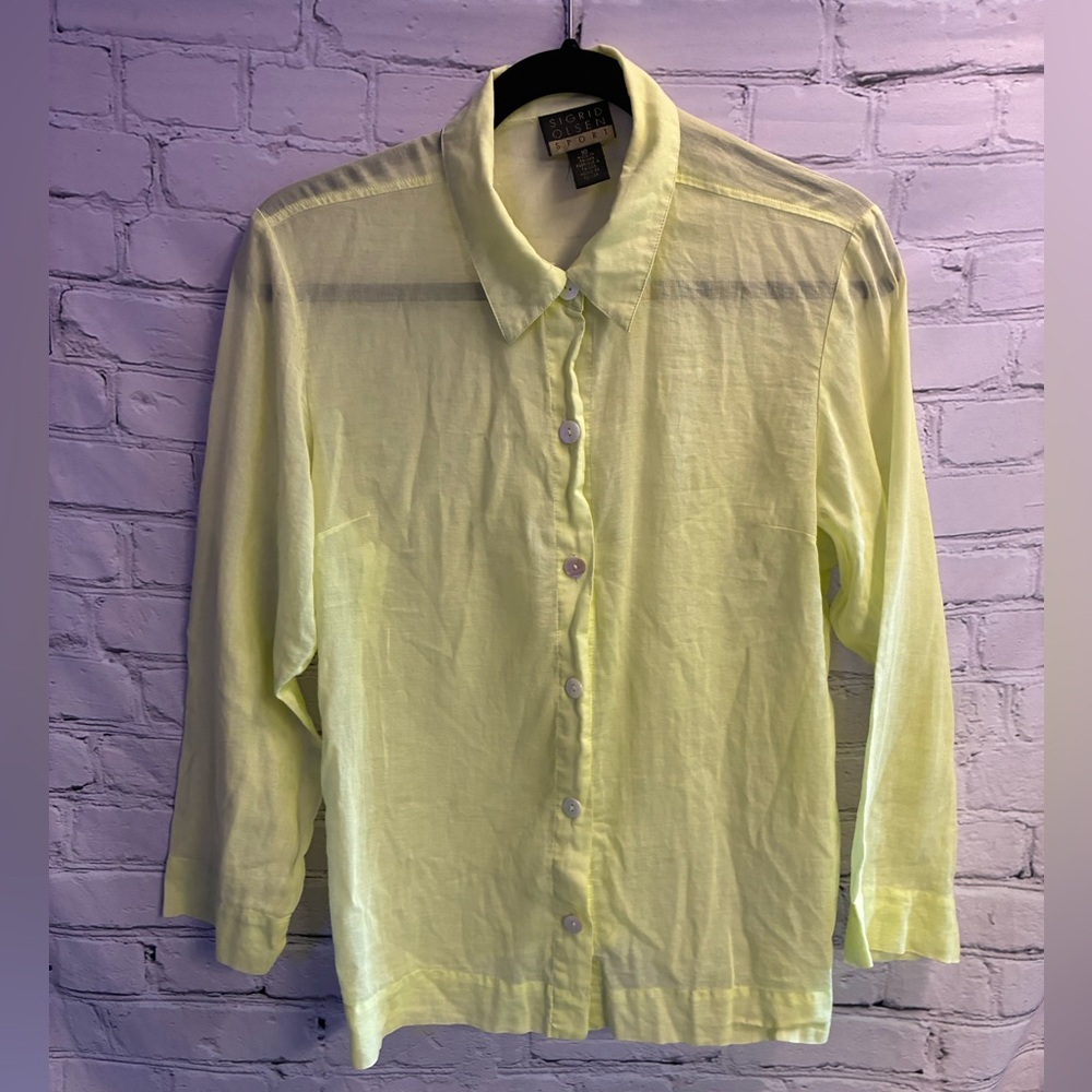 Sidrid Olsen Sport Women’s Citron Sheer Linen Button Up Sleeved Shirt‎ Sz 10